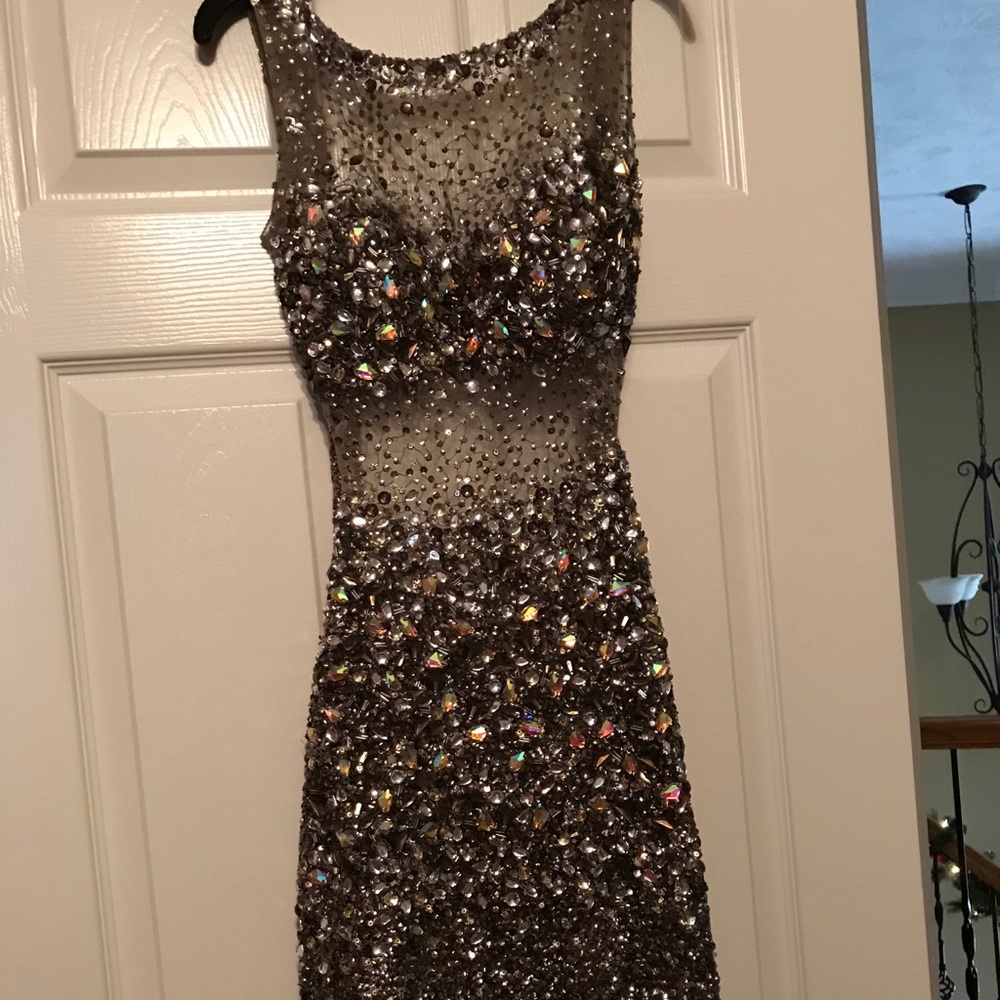 Metallic jeweled silver gown